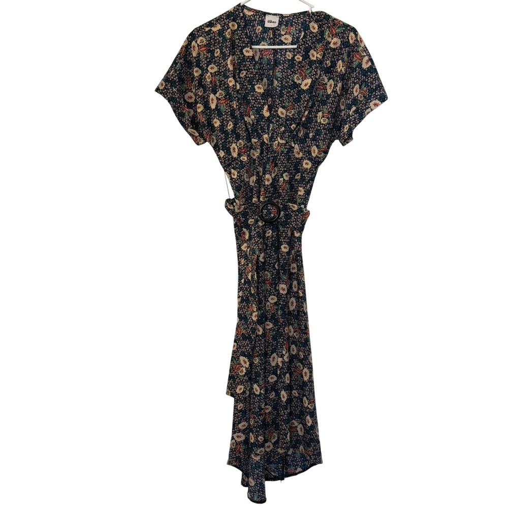 Jane Wood Navy Blue Floral V-Neck Midi Dress with Belt Size 1 Small Short Sleeve